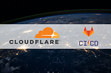 On the background, the planet Earth at night showing the lights. On the foreground, the Cloudflare and Gitlab CI/CD logos