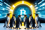 A group of penguins gathered around a glowing digital currency symbol, with a futuristic and technological backdrop