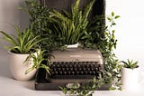 Photo of old school khaki-colored typewriter surrounded by small plants.