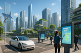 Smart city in 2025 with green technology, self-driving cars, and digital infrastructure.
