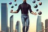 An entrepreneur walking on a tight rope, juggling multiple balls with both hands, with sky scrapers in the background, wearing blue jeans and black turtle neck t shirt, looking nerdy with glasses on. The intent is to show how a start-up founder needs to juggle multiple responsibilities.