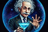 AI Image Of Albert Einstein with a martini in one hand and his other hand lifted up to greet you within a glowing blue orb.