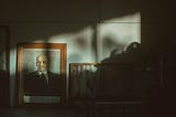 A darkened room lit by a little outside light showing a portrait of Vladmir Lenin