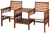 Stylish Acacia Wood Outdoor Loveseat with Table and White Cushions | Image
