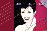 The album art for Rio by Duran Duran. It is a drawing of a woman with long, flowing black hair on a burgundy background, with diagonal lines tracing across the frame.