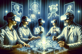 An artistic digital illustration of a futuristic laboratory with diverse scientists wearing virtual reality headsets and interacting with floating, holographic interfaces displaying the Otio.ai logo, symbolizing cutting-edge innovations in artificial intelligence technology.