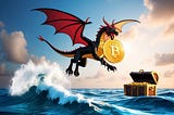 A fierce dragon token soaring above the ocean waves, with a treasure chest in the background