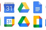 Screenshot showing Google icons for their most popular apps, which they changed form the ones in the top row to the ones in the bottom. Apps for Gmail, Calendar, Drive, Docs and Meet.