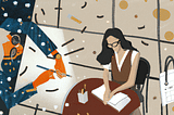 A minimalist digital illustration of a woman wearing glasses a sitting at a table in a cafe writing in a diary on new year's eve with pages from a calendar and clocks flying around her