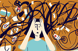 A stressed looking woman with chaos swirling around her