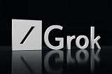 3D render of the Grok logo featuring a forward slash symbol and bold metallic text on a glossy black reflective surface, giving a sleek, modern tech aesthetic.