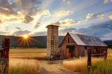 A cozy farm surrounded by fields at sunset