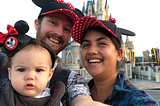 Two adults and a child pose in front of Cinderella’s castle in Disney World