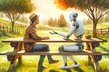 A person and a robot sitting across from each other on a picnic bench in a park. There is a thought bubble between them indicating an exchange.