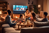 A cozy family living room in the evening with a multicultural family of four (two adults and two children) happily watching a television that displays a vibrant, user-friendly interface of Mom IPTV, showcasing various channel options and features in a modern, high-tech setting. The room is warmly lit and decorated with plush sofas and family photos, emphasizing a comfortable and connected home entertainment experience.