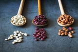 Three different types of beans, cannellini, kidney and borlotti, presented on ladles