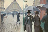 A painting of late 19th century Parisians walking along a street carrying umbrellas.