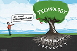 A person pointing at the fruit of a tree and saying “Oh wow! Microcredentials”. The canopy of the tree is labelled ‘Technology’ while the branch is labelled ‘Standards’. The roots are labelled ‘Community’ and the soil is labelled ‘Ideology’.