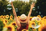 happy woman in a field of sunflowers