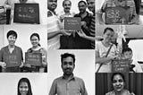 A collages of smiling faces holding up a blackboard of names of people why are thankful for