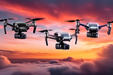 Three DJI Mini drones, labeled Mini 4K, Mini 2 SE, and Mini 3, flying in formation against a backdrop of a dramatic sunset sky.