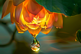 a glowing lotus flower, unfurling upside down, with a water droplet extending from its petals and reflecting the surrounding world