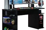 Sleek, Engineered Wood Modern Gaming Desk - 5 Shelves, Cable Management, and Large Monitor Stand - Black | Image