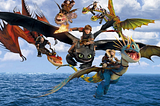 Hiccup, Astrid and their friends all riding their dragons. (How to Train Your Dragon screenshot)