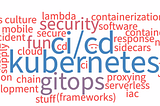 Word cloud diagram. Kubernetes, ci/cd, gitops, proxying, serverless, iac, frameworks, lambda, containerization, response, sidecards, iac, supply chain, cloud, culture, fun, security, software development