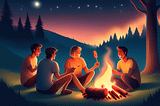 Illustration of friends sitting around a bonfire at night