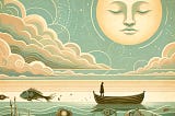 A sillouhette of a man stands in a boat on a calm ocean, looking up at a moon with a peaceful face.