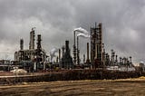 A picture of a factory with smoke coming out of its smoke stacks