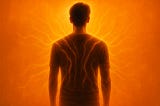 An illustration of a person viewed from behind, glowing with radiant orange and yellow energy lines emanating from their body. The visual symbolizes stored trauma in the nervous system. Overlaid text reads: “The Body Keeps the Score — 5 Physical Signs You’re Still Carrying Trauma.” A representation of somatic trauma and mind-body connection.