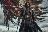 A fearsome man standing on a war-torn hill with a massive tattered and battle-worn flag and dominant demeanor.