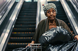 elderly woman pushing a cart loaded with bags, escalators in the background