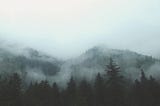 tree covered mountains with the top obscured by mist and clouds