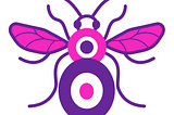 The anchester bee designed with the expression logo as the body in the branch colours of pink and purple.