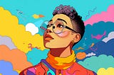 A colourful illustration of a young non-binary person with short purple hair wearing glasses and a colourful jacket.