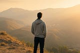 A person in a gray hoodie stands alone on a grassy hillside at sunrise, looking out over layered mountain ridges bathed in warm golden light.