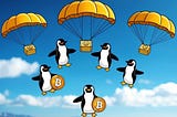 A group of penguins parachuting from the sky with airdrop packages