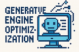 A pixel art illustration with the phrase “GENERATIVE ENGINE OPTIMIZATION” in bold dark navy letters on a white background. To the right, a pixelated computer monitor displays a simple blue robot face and horizontal lines resembling text. Pixel-style circuit lines emerge from the screen, symbolizing digital connectivity and technology.