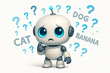 3D-rendered image of a cute robot with large blue eyes and a puzzled expression, surrounded by floating question marks and words like “cat,” “dog,” and “banana” on a white background.