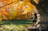 A couple under a big tree canopied by yellow leaves, embracing and enjoying their love.