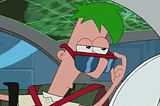 Ferb fletcher in a car, pushing his cool sunglasses up in a cool way like the cool dude he is. The icon of cool introverts.