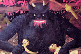 Classical painting of a black bloody-mouthed devil holding two children. Animated to shake violently.