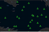 Moving green boats on the map of the world, each boat moves in a different direction.