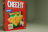 Animation where a hot sauce bottle, two peppers, 1 cheese block and three Cheez-It Hot & Spicy pop out of the Cheez-It box onto a plate.