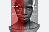 A portrait of a Black woman looking into the camera lens. An animated gif switches between the labels for “Gender” and “Race.