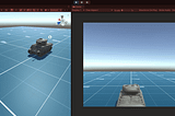 An animated gif. The window is split. On the left, a camera looks at a tank as it first moves towards the camera. The tank then stops and the turret begins to rotate left and right. The animation finishes with the turret elevating towards the camera. On the right, the same scene is shown from the perspective of a camera following the tank. After the tank finishes moving, the camera switches to one looking just over the turret and rotates with the turret as it first trains, then elevates.