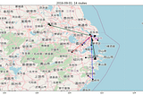 Animated geographical map of a region in China showing delivery routes for September 1, 2016 generated with Python. The map features 14 routes marked with colored lines connecting different cities, representing the delivery paths taken by trucks. The background includes city names, roads, and coastline features. The title at the top reads “2016–09–01: 14 routes,” highlighting the number of routes operated that day. The lines illustrate how deliveries are grouped geographically.